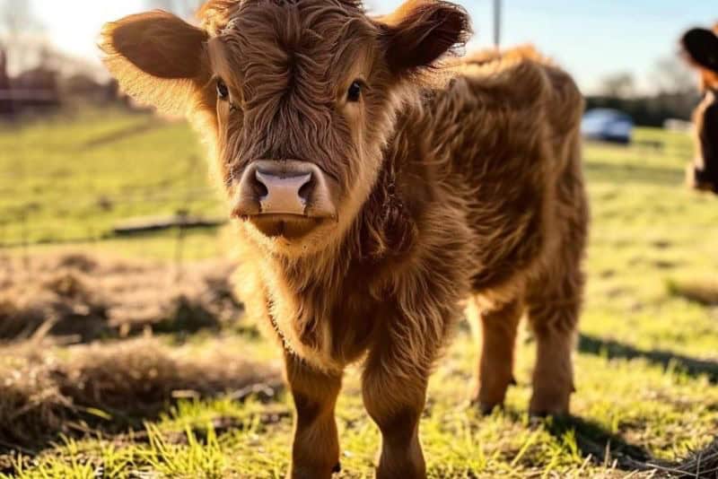 a brown mini cow stands in the sun on a farm