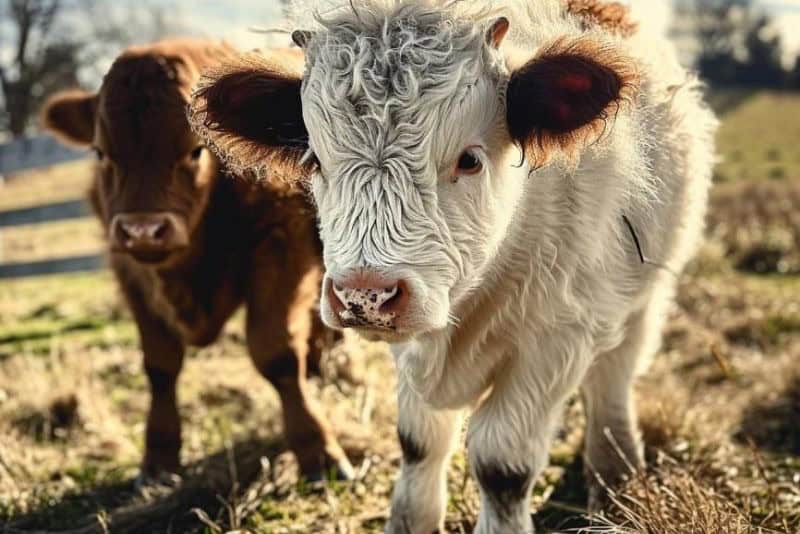 two mini cows out in the sun socializing