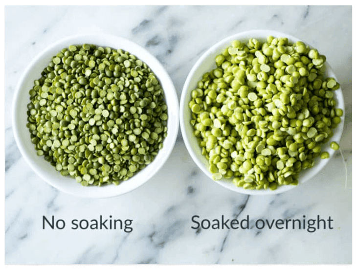 two bowls of split peas, one soaked overnight and another not soaked for comparison