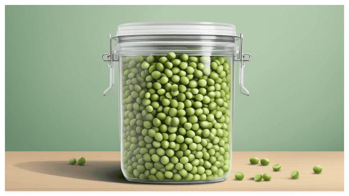 graphic of split peas being stored in an air tight container on wooden table
