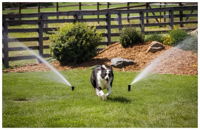 a dog running in between two sprinklers