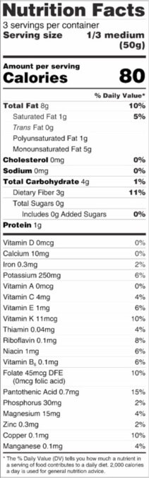 nutritional facts label for avocado serving size of 3