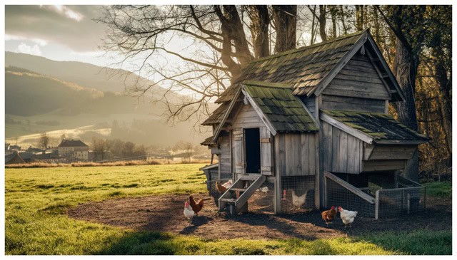 a chicken coop with chickens around it