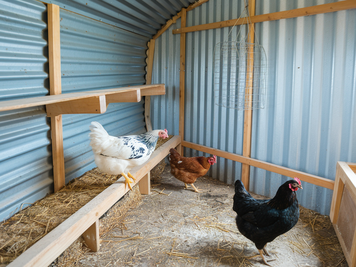 An interior of a chicken coop. The walls are made of corrugated metal, and there are wooden shelves on the left. Three chickens are present in the space.