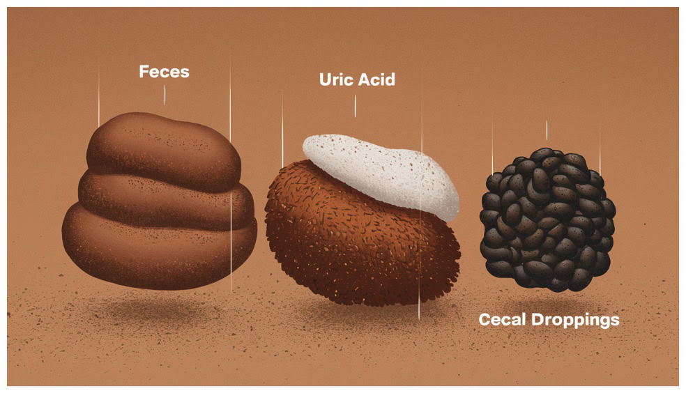 a diagram showing chicken feces, uric acid and cecal droppings
