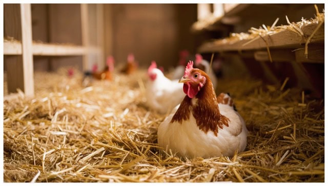 chickens sitting in fresh bedding
