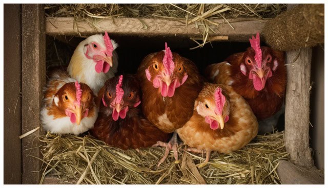 six chickens jammed together in a chicken coop
