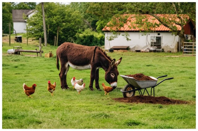 a donkey is looking after chickens on the farm