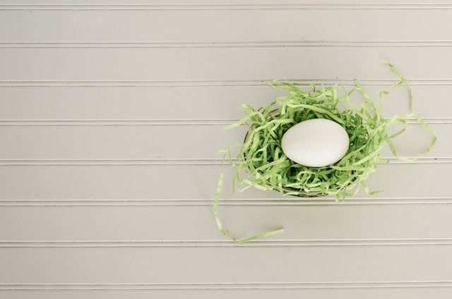 a single egg in a basket full of green strips of paper