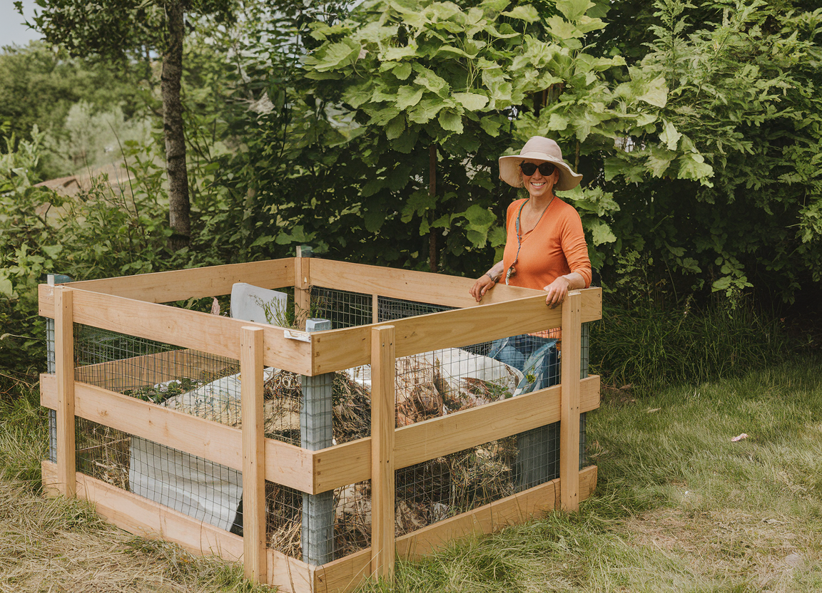 An outdoor setting with a wooden compost bin enclosed by mesh fencing. The bin contains a significant amount of organic waste and there is a woman wearing sunglasses and an orange top