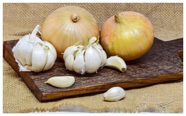 Two onions and bulbs or garlic on a wooden plank.