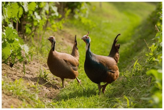 two guinea fowls walking on grass
