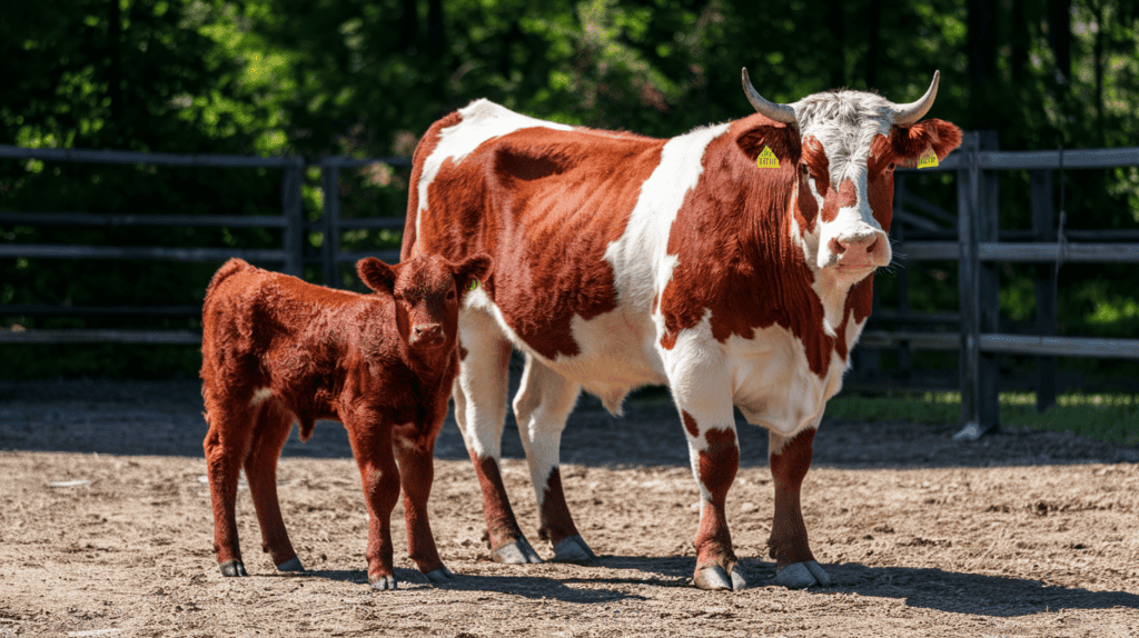 A calf and adult cow standing next to each other on some dirt on a sunny day outside.