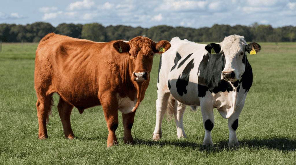An adult beef and dairy cow standing next to each other on a field of grass outside.