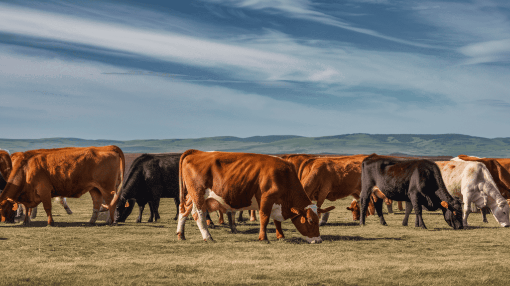 Various cow breeds grazing on land.
