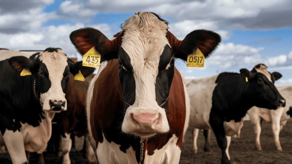 A brown and white cow looking surrounded by other cows outside.