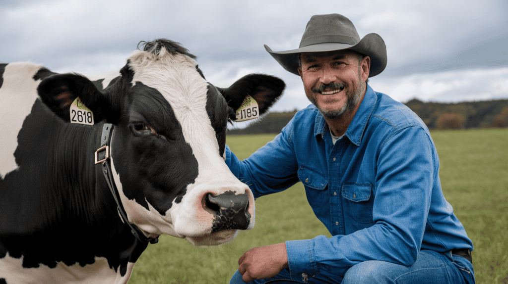 A photo of farmer smiling and petting their black and white cow.
