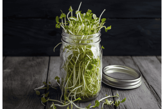 Growing alfalfa sprouts in a jar.