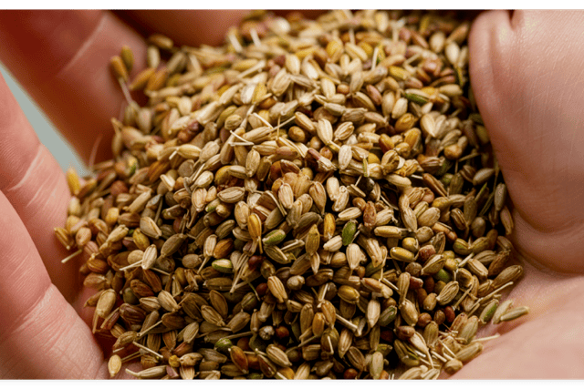 A close-up of alfalfa seeds in someone's hand.