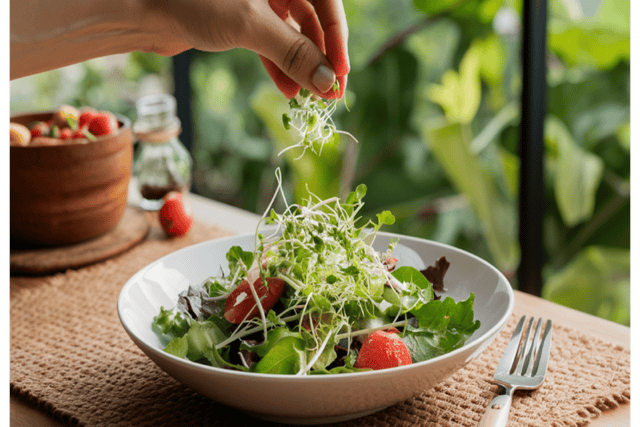 A hand sprinkling alfalfa onto a salad in front of a window.