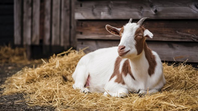 goat sitting on straw smiling
