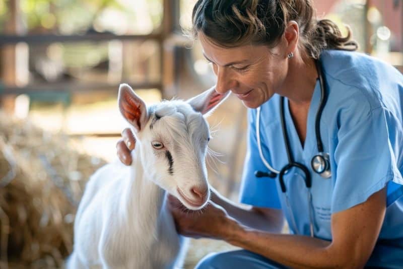 a vet wearing blue scrubs examining a goat