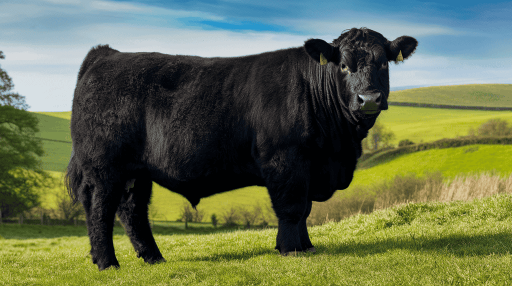 A black Angus cow standing in a field on a sunny day.