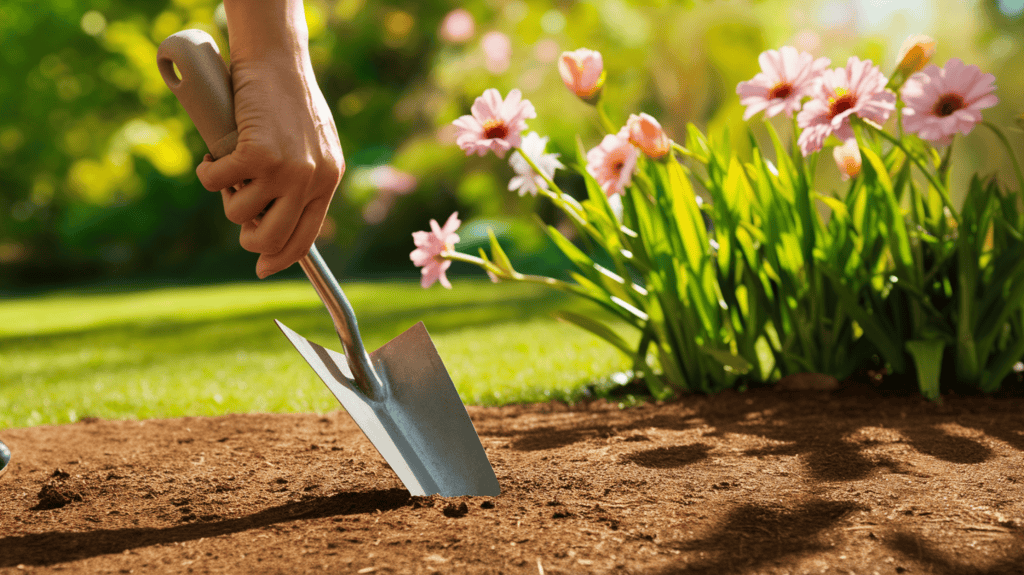 Someone holding a metal hand trowel that is being dug into the dirt next to some pink flowers on a sunny day,