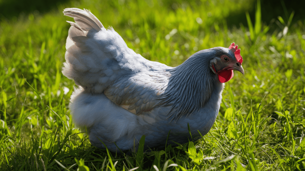 A Sapphire Gem chicken sitting in green grass on a sunny day.