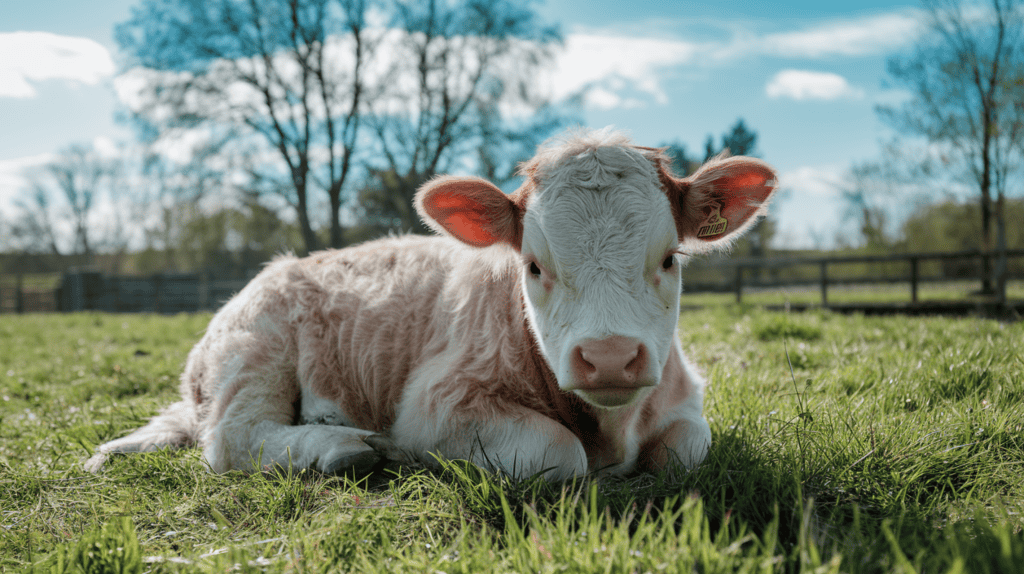 A white baby cow laying on some grass in a field outside on a sunny day.