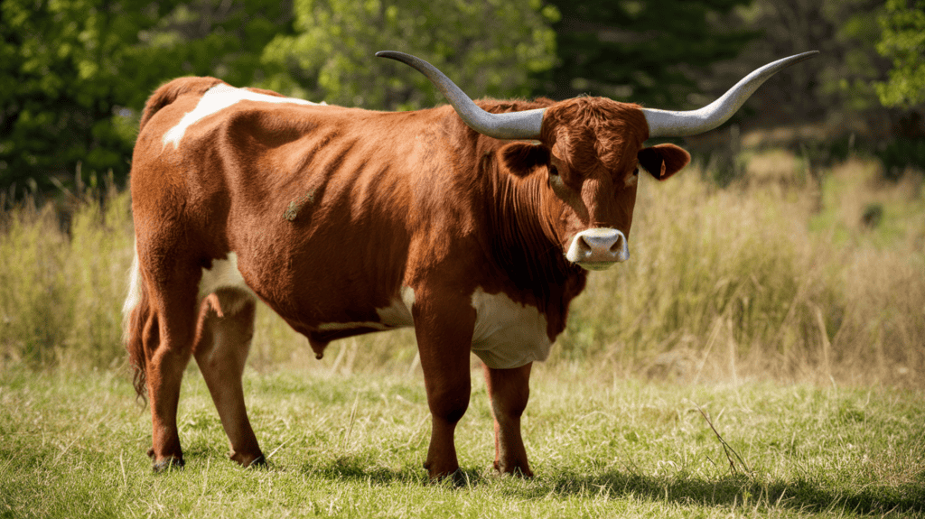 A brown and white Texas Longhorn cow standing in a field outside.