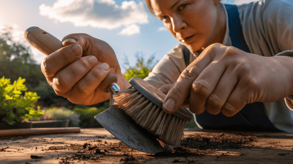 A gardener using a stiff brush to get dirt off of a hand trowel outside on a sunny day.