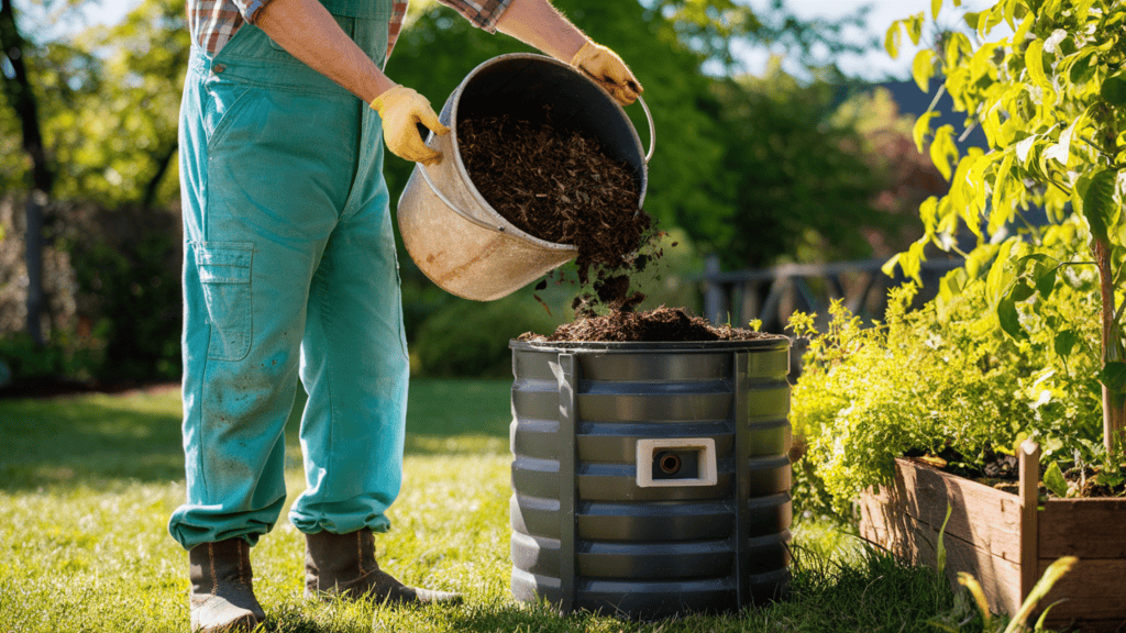 A gardener wearing overalls dumping out a bucket of compost into a compost tumbler outside on a sunny day.