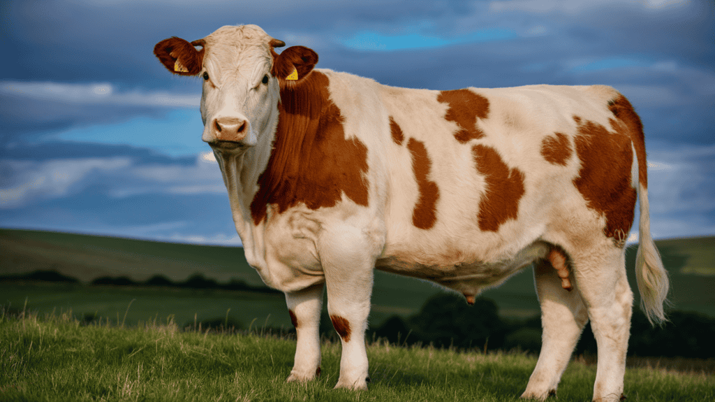 A white and brown Simmental cow standing on grass outside on a cloudy day.