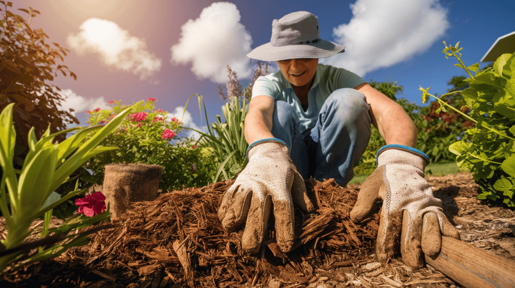 A gardener wearing gloves and mulching around some plants on a sunny day.