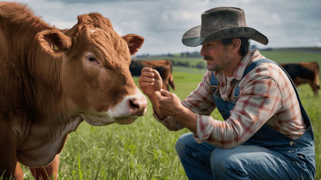A farmer wearing a hat and plaid shirt with jean overalls crouching down and examining a brown cow outside on a field of grass on a sunny day.