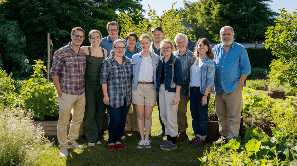 A group of gardeners in a garden smiling at the camera outside on a sunny day.