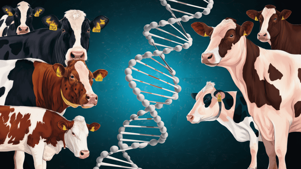 An infographic showing various cow breeds with a a DNA double helix structure twisting and intertwining in the middle on a blue background.