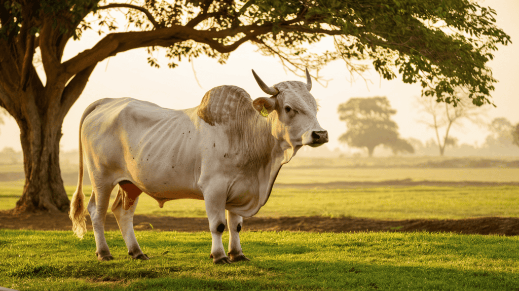 A white Brahman cow standing in a field under a tree.