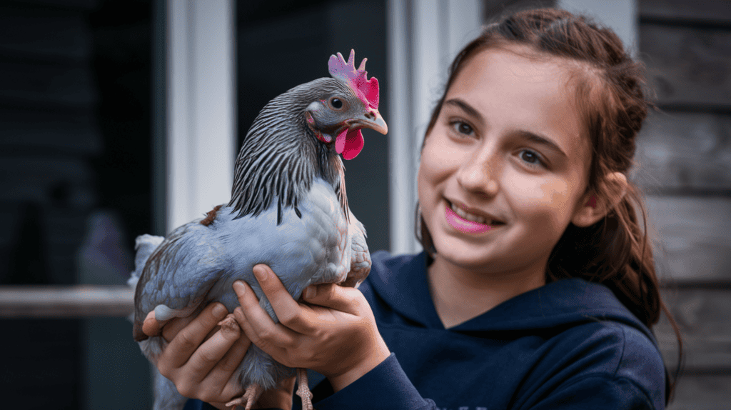 A teenage girl holding a Sapphire Gem chicken outside in front of her house.