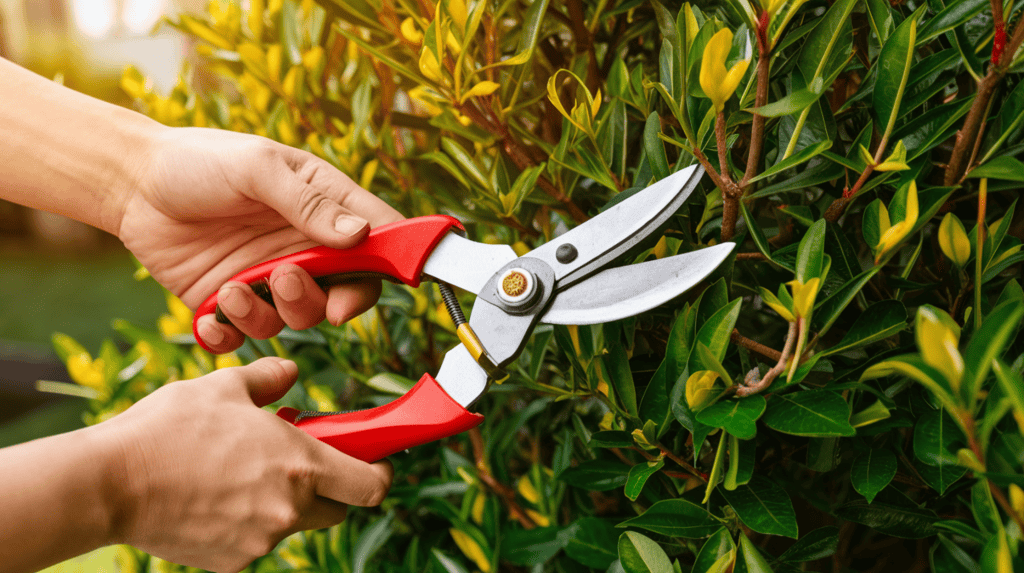 Someone holding holding one of the best gardening tools (a red hand pruner) with both hands and pruning bushes outside on a sunny day.