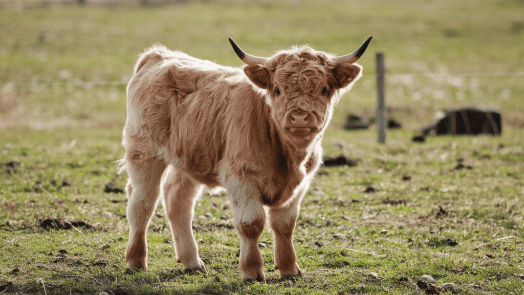 A light brown mini highland calf standing in a field outside on a sunny day.