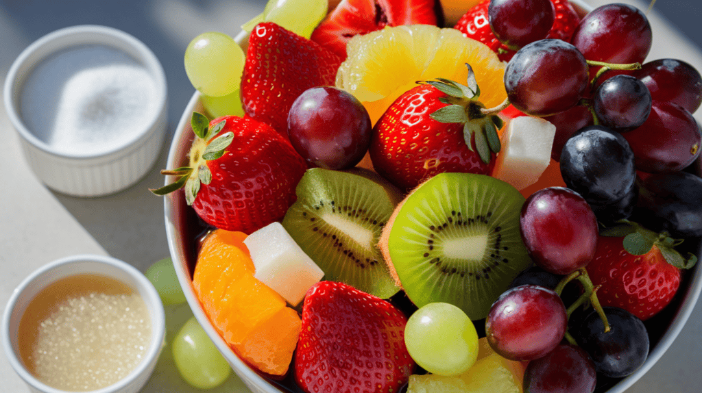 A bowl of assorted fruit and sugar nearby in the sunlight.