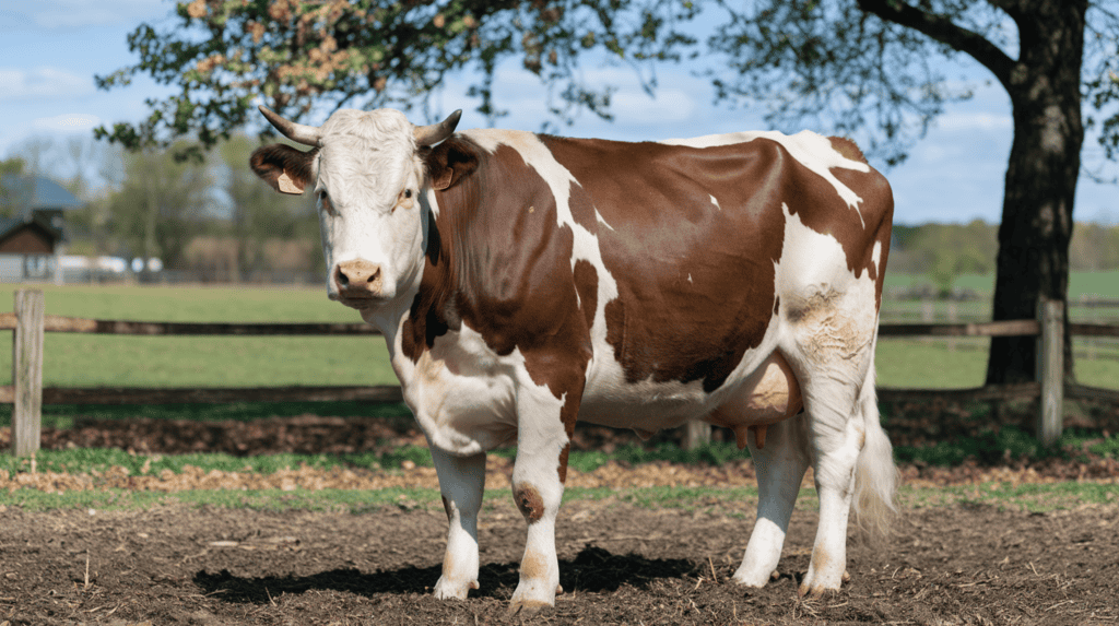 A brown and white full grown cow standing in a field outside on a sunny day.