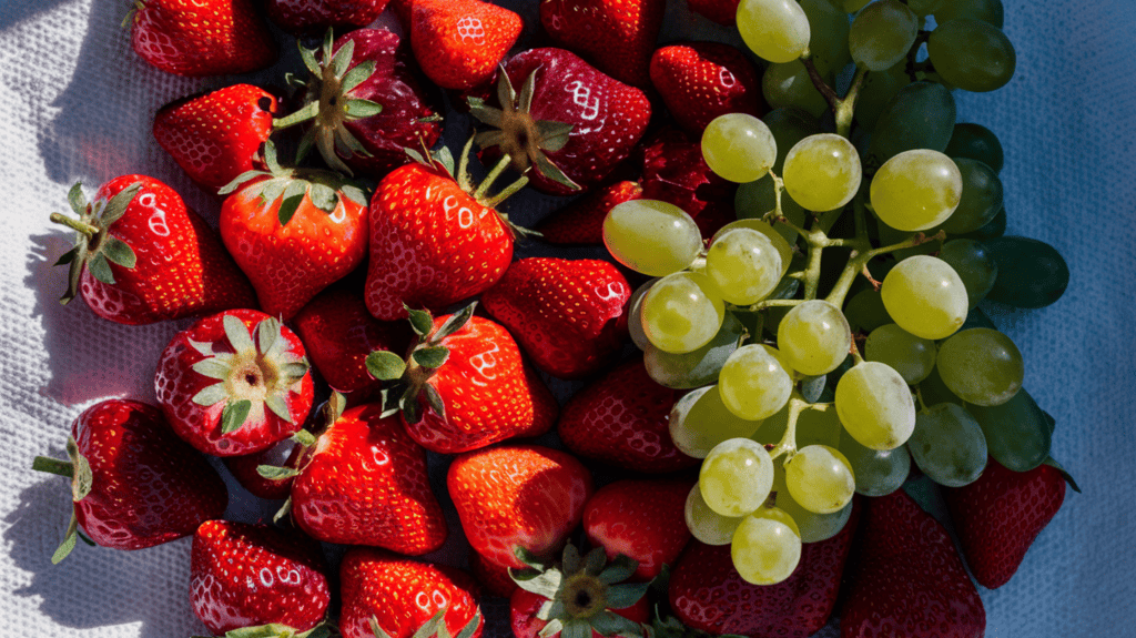 A pile of strawberries and grapes lying on a paper towel to dry in the sunlight.