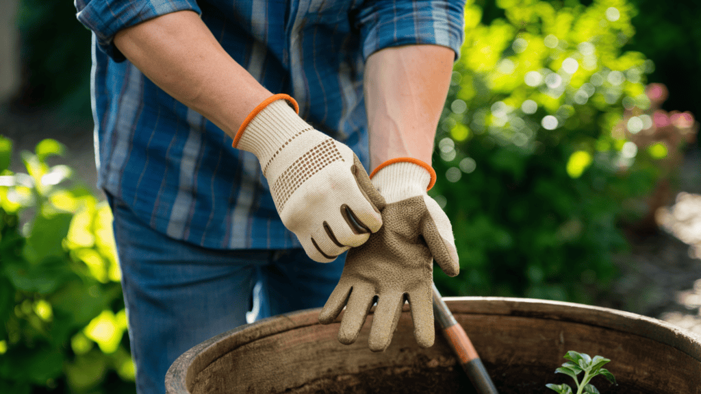 A man wearing blue plaid and jeans putting on brown and orange gardening gloves outside on a sunny day next to a pot of dirt.
