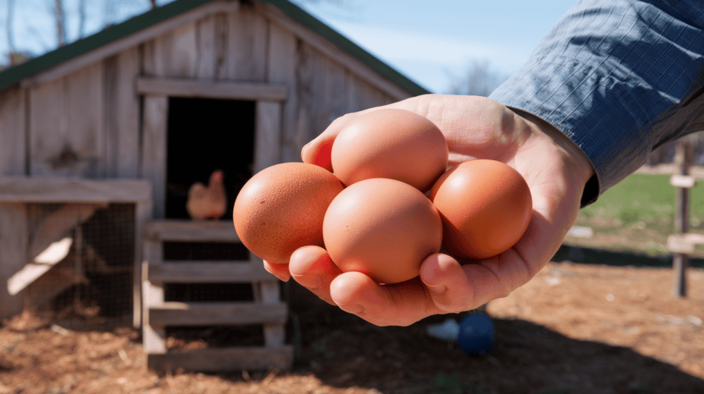 A farmer's hand holding large brown chicken eggs outside near the chicken coop on a sunny day.