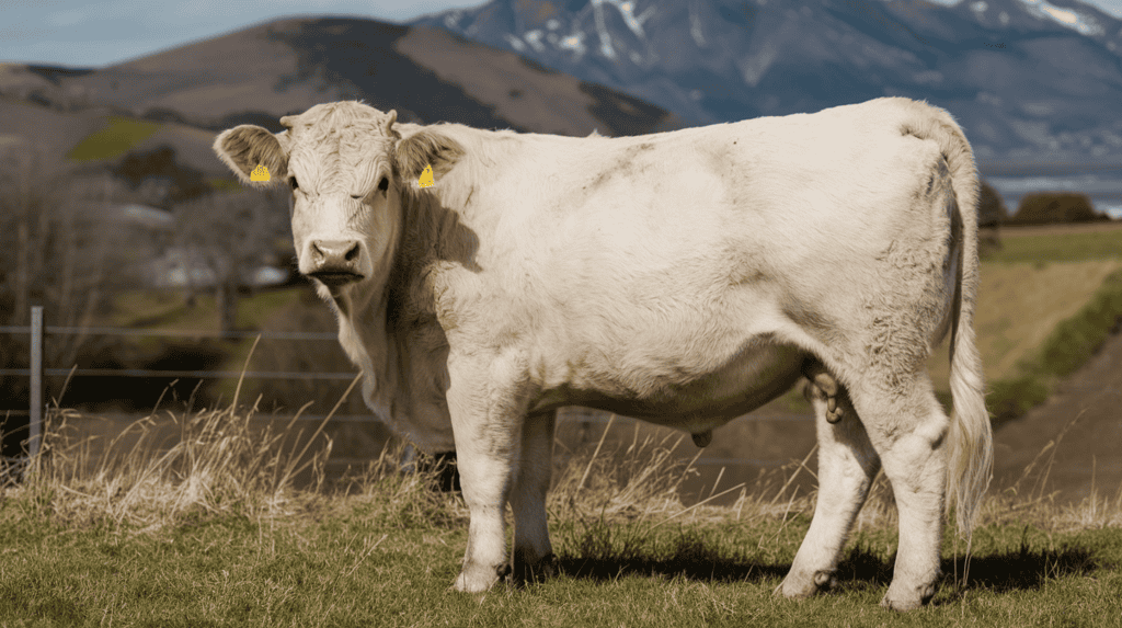 A white Charolais cow standing in a field outside next to a fence.