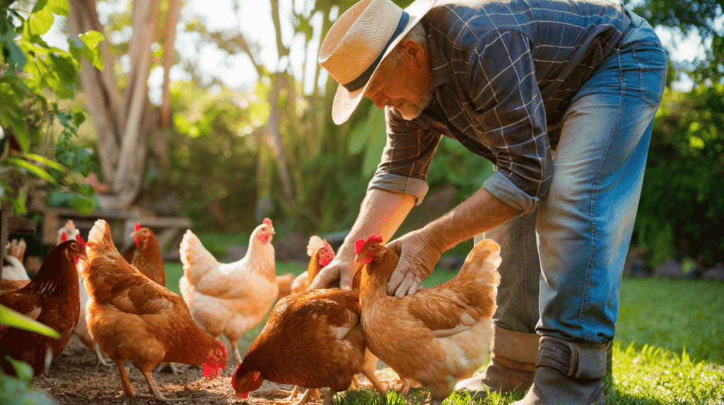 A older man who's a farmer wearing plaid and jeans petting his flock of chickens outside on a sunny day.