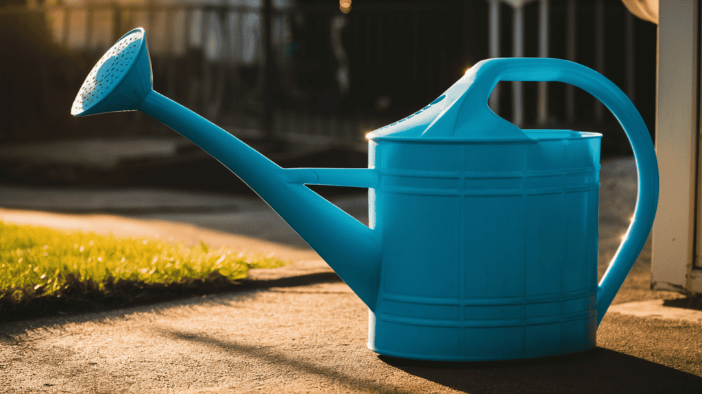 A large plastic blue watering can sitting on concrete outside in the sun.